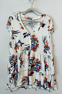 #ad Torrid Top Womens 2X White Floral Button Up Babydoll Tiered Super Soft Knit Boho
