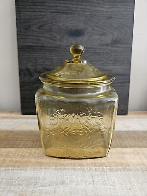 #ad Vintage Federal Amber Depression Glass Jar Madrid Pattern. 1930s.