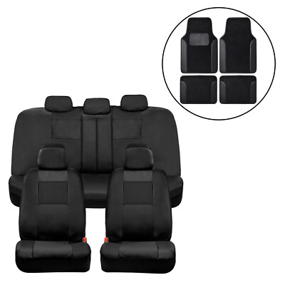 #ad Car Seat Covers Black PU Leather Front Back Set with Black Carpet Floor Mats