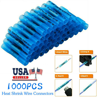 #ad 1000X Blue Waterproof Heat Shrink Butt Wire Connectors Crimp Terminals 16 14AWG