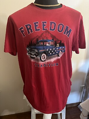 #ad Freedom Traditions T Shirt Size L Red Truck Short Sleeve No Tag Stained Photos