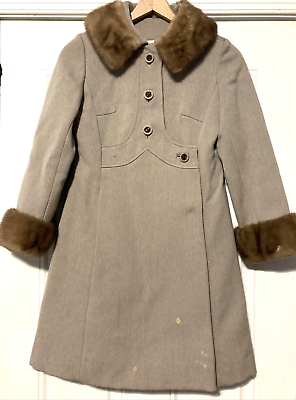 #ad #ad Vintage PRESENTATION Coat Women’s ? Beige Wool Swing Faux Fur Collar Union Tag