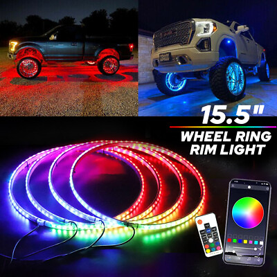 4x 15.5#x27;#x27; RGB Wheel Ring Lights LED Light For Truck Car Rim Lights Bluetooth APP
