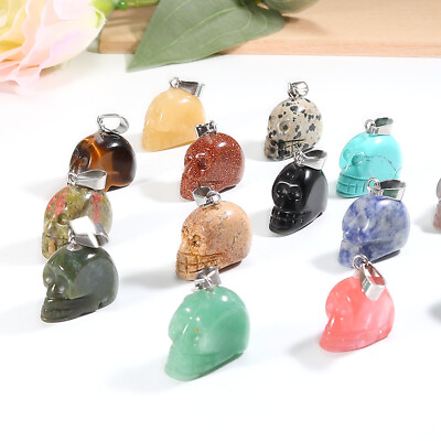#ad 12pcs Charms Natural Gemstone Pendant Carved Skull Crystal Pendant for Jewelry