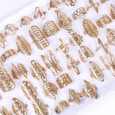 #ad 50Pcs Lot Style one Hollow Rings Stainless Steel Geometric Jewelry For Women Men