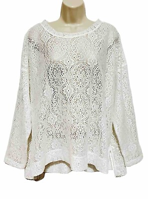 #ad como vintage top 2X Cover Up White long sleeve boxy hi Low lace