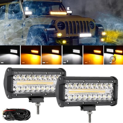 #ad Auxbeam 2X 7quot; Spot Strobe LED Light Bar Amber White For Jeep Wrangler Gladiator