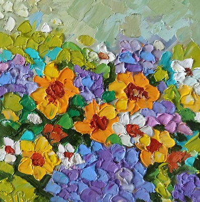 #ad Flower Original Painting Hydrangea and Sunflowers Impasto Oil Painting 15x15cm
