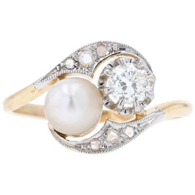#ad 20th Century Natural Pearl Diamonds 18 Karat Yellow Gold You and Me Ring