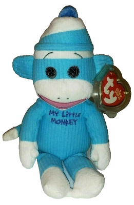 #ad Ty MY LITTLE MONKEY BLUE Boy SOCK MONKEY Beanie Baby MWMTs Stuffed Plush Toy