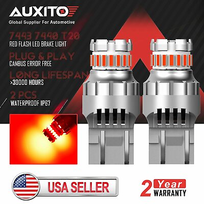 #ad AUXITO T20 7440 7443 Red LED Strobe Flash Blinking Brake Tail Light Bulb 2PCS
