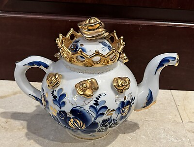 #ad #ad Gzhel Porcelain Teapot Rose Decoration Gold Gilding Crown Lid Made in Russia