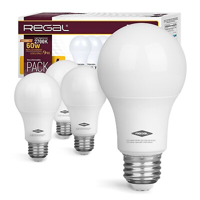 4 Pack Regal LED A19 E26 Light Bulbs Warm Light 9W 60W Equivalent 800 Lumens
