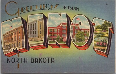 #ad MINOT North Dakota Large Letter Postcard Multi View Tichnor Linen c1940s Unused
