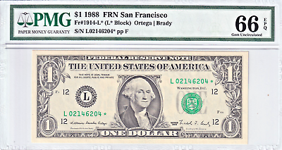 #ad 1988 $1 Federal Reserve **STAR** Note San Francisco PMG 66EPQ #L02146204*