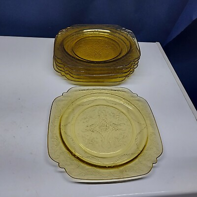 #ad Vintage Federal Amber Depression Glass Set 6 Square Dinner Plates EUC