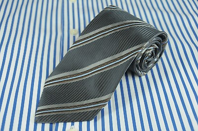 #ad Hugo Boss Men#x27;s Tie Gray Brown amp; Ice Blue Striped Woven Silk Necktie 56 x 3.5
