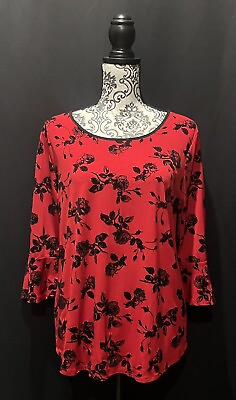 #ad Exclusive One Red 3 4 Sleeve Blouse w Velvet Roses Size Large