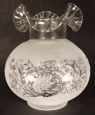 #ad New 4quot; Fitter Etched Filigree Glass Gas Globe Lamp Shade w Crimped Top 8.5quot; Ht.