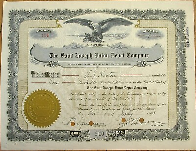 #ad Saint Joseph Union Depot Company 1943 Railroad Stock Certificate MO St Missouri