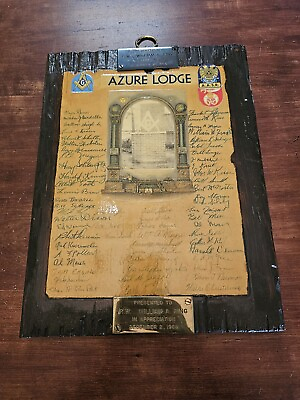 #ad 1968 Freemason Wood Appreciation Plaque Masonic Azure Lodge 32 W Signatures