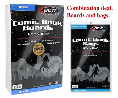 #ad 100 BCW Current Modern Comic Book Bags Sleeves Acid Free Back Boards New