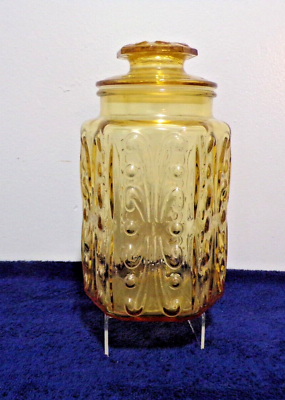#ad Vintage Federal Amber Fancy Glass Cookie Jar w Twist Lid