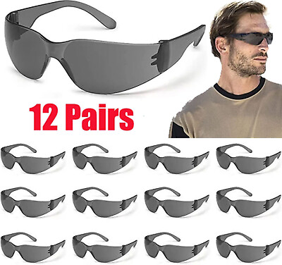 #ad 12 PAIR Lot Pack Safety Glasses Protective Grey SMOKE Lens Sunglasses Work Z87