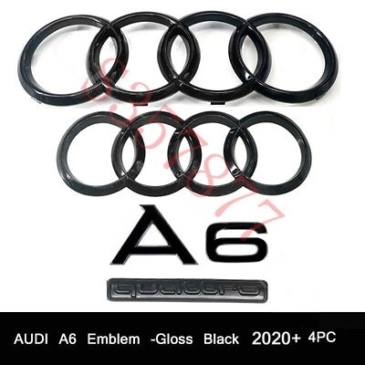 #ad For Audi A6 Emblem Gloss Black Front Rear Rings Quattro Trunk Badge Set OE 4PC