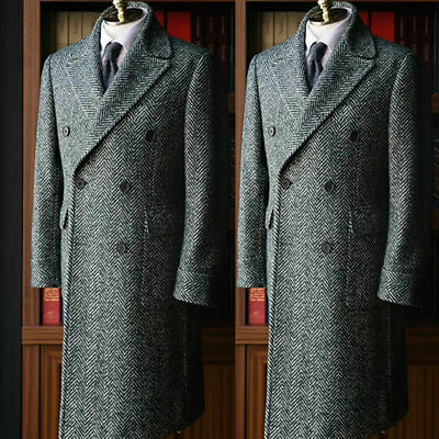 #ad Winter Men#x27;s Herringbone Overcoat Double breasted Long Woolen Jacket Blazer Coat