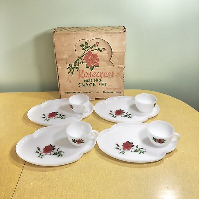 #ad Vintage Federal Red Rose Milk Glass Rosecrest Snack Tray Tea Cup Set 8 Piece.