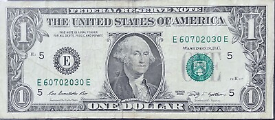#ad Fancy Serial Number 1 Dollar Bill Repeater E60702030E Federal Reserve Note