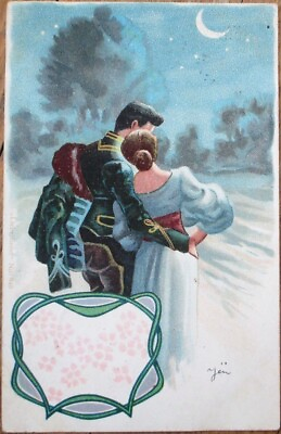 #ad Moon Stars and Couple 1903 Art Nouveau Postcard Color Litho Lovers at Night