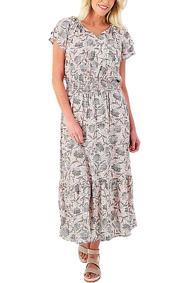 #ad Destination 365 Printed Short Sleeve Midi Dress w Smocking SepiaRose