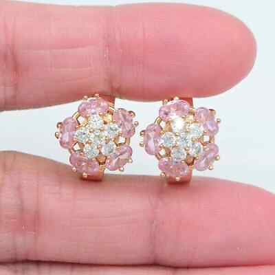 #ad 2 Ct Oval Lab Created Pink Sapphire Flower Stud Earrings 14k Yellow Gold Plated