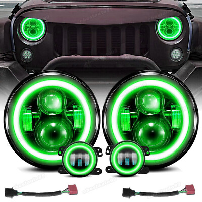 #ad Green 7quot; LED Halo Headlights 4quot; Fog Lights Combo Kit for Jeep Wrangler JK JKU