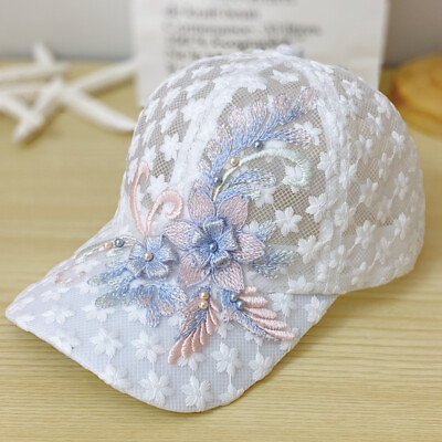 #ad Breathable Women Summer Hats Embroidered Flowers Lace Mesh Baseball Caps Beaded
