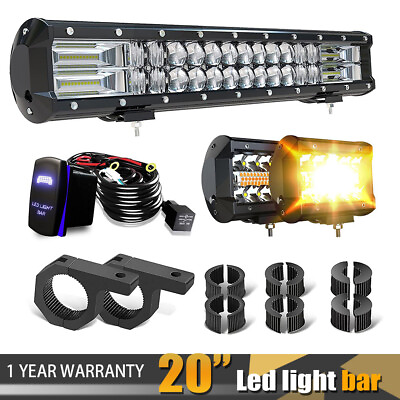 #ad 20inch LED Light Bar Spot Flood Combo 2x 4quot; Pods For Offroad Jeep Truck 4WD SUV