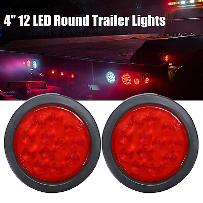 #ad 2x 12 LED 4quot; Round Truck Trailer RV Brake Stop Turn Tail Rubber Light Red