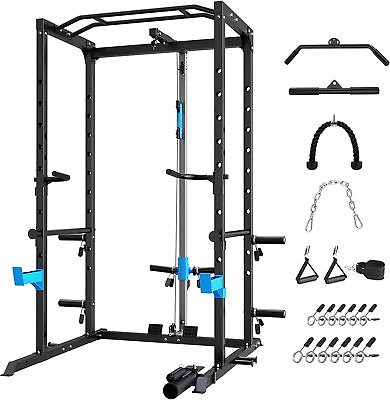 #ad #ad Power Cage Power Rack with J Hooks Dip Handles Pulley System for Home Gym