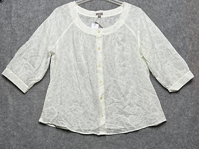 #ad J Jill Shirt Women 2X White Floral Burnout Sheer Button Up All Cotton Light Airy