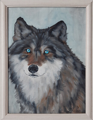 #ad Wolf Painting Animal Original Art Framed Oil Wall Art