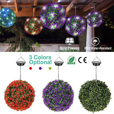 #ad Solar Artificial Topiary Ball 20LED Light Rose Flower Garden Hanging Light Decor