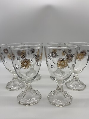 #ad Vintage Federal Glass Co. Atomic Style Starburst Goblets Water Wine Glasses Set