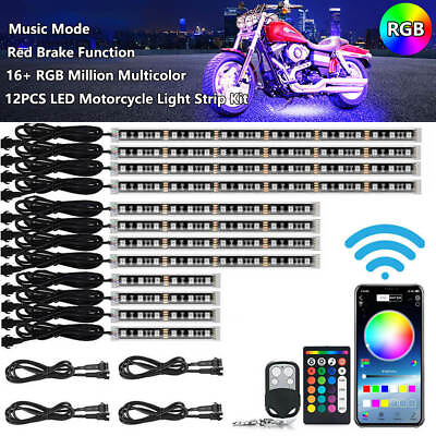 #ad 12PCS RGB Motorcycle LED Strip Light Under Glow Neon Kit Bluetooth APP Control