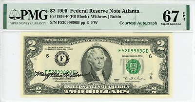 #ad 1995 $2 Federal Reserve Note AUTOGRAPH Mary Ellen Withrow PMG GEM UNC 67EPQ