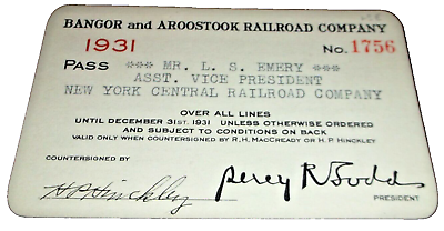 #ad 1931 BANGOR amp; AROOSTOOCK RAILROAD COMPANY EMPLOYEE PASS #1756