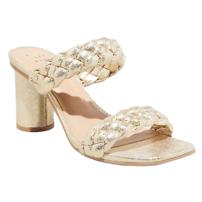 #ad Womens Metallic Gold Mule Heels Sandals Cylinder Block Heel Size 6.5 8 9