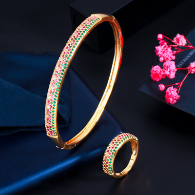 #ad Fashion Brand Multired Green CZ Stone Open Cuff Bangle Bracelet Ring Jewelry Set