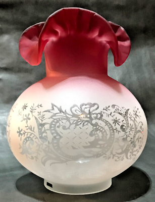 #ad New 4quot; Fitter Etched Filigree Cranberry Tint Glass Gas Lamp Shade w Crimped Top